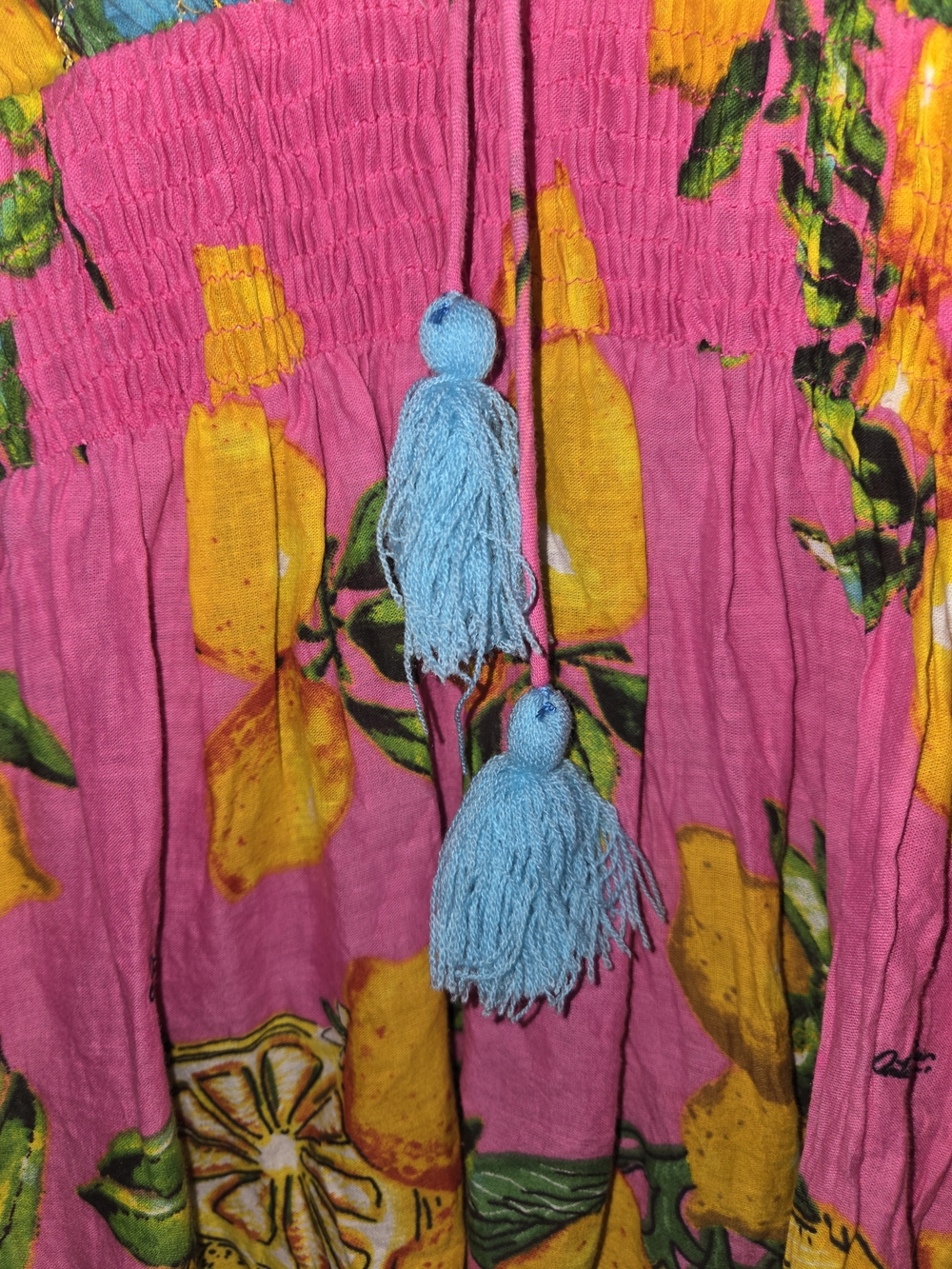 Giacomo Cinque Sequin Vibrant Pink Lemon-Print Mini Dress with Tassel Tie - Picture 8 of 12
